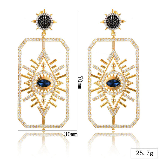 Blue Sunburst Eye Geometric Drop Earrings