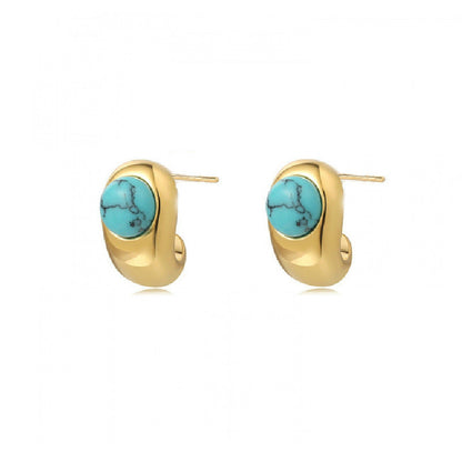 Gold Hoop Stud Earrings with Turquoise Stone
