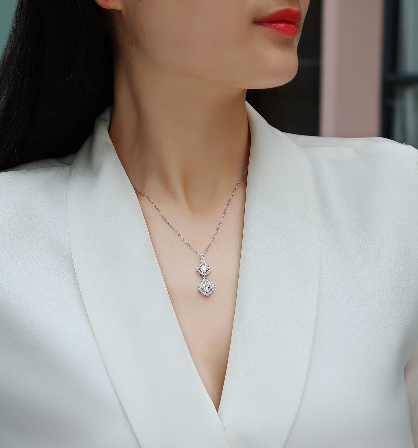 Double Halo Cushion-Cut Crystal Pendant Necklace