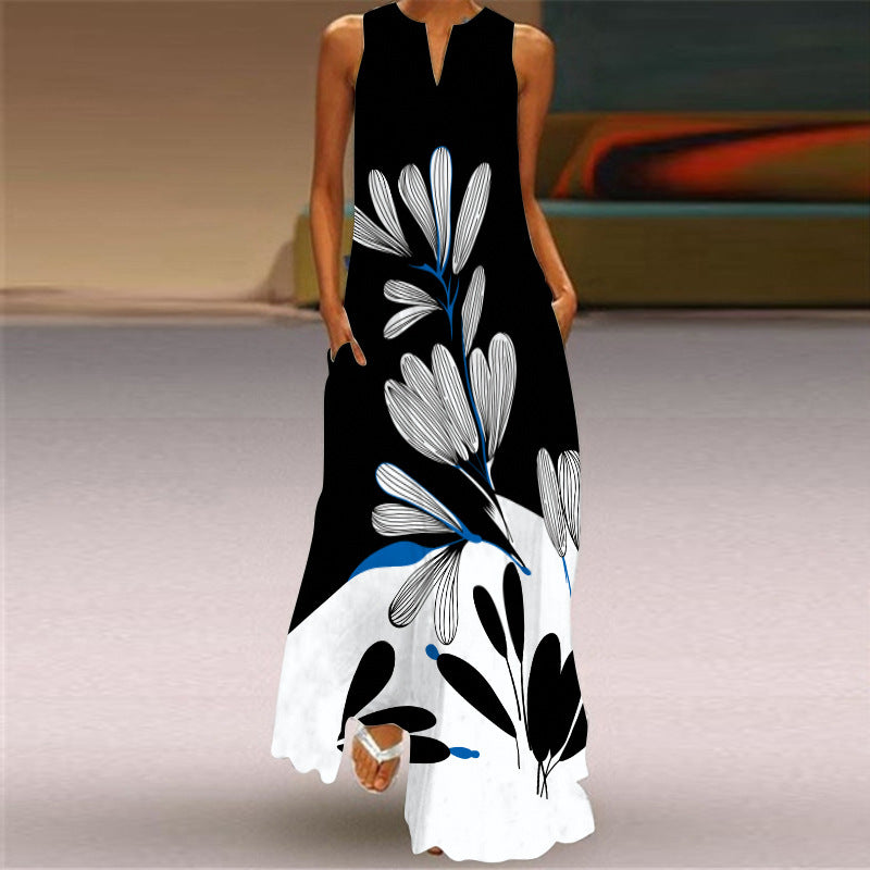 Chic Print Maxi Dress Elizabeth Ainsley Sleeveless V-Neck