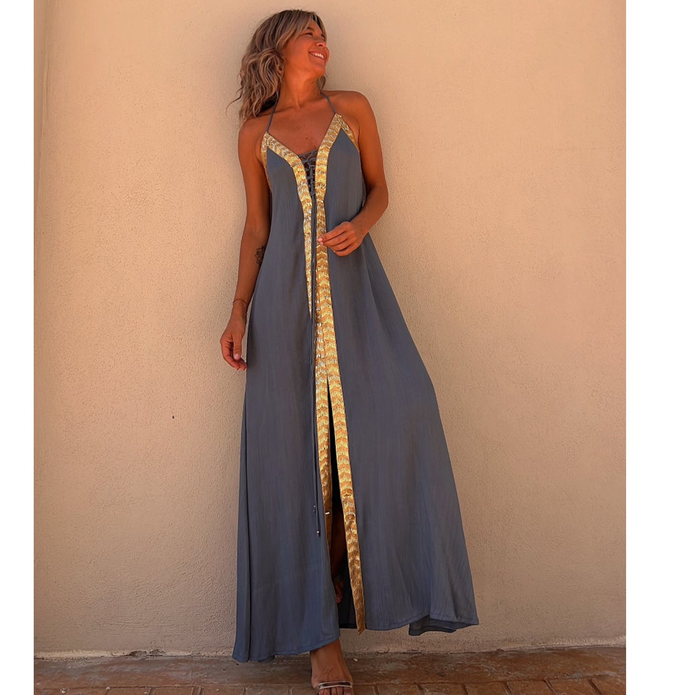 Elegant Lace-Up Halterneck Dress by Elizabeth Ainsley