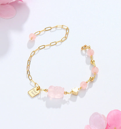 Asymmetrical Chain Bracelet with Natural Stone and Heart Detail