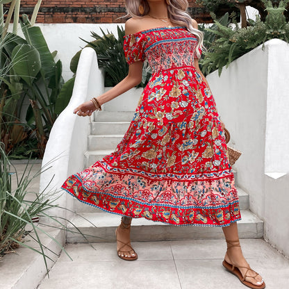 Boho Floral Elizabeth Ainsley Off-Shoulder Midi Dress