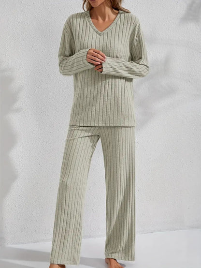 Ribbed Long-Sleeve Top And Pants Casual Comfortable Womens Loungewear Set