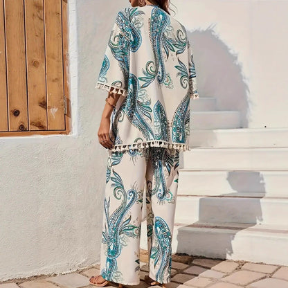 Chic Printed Elizabeth Ainsley Cardigan Pants Set
