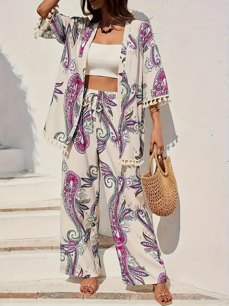 Chic Printed Elizabeth Ainsley Cardigan Pants Set