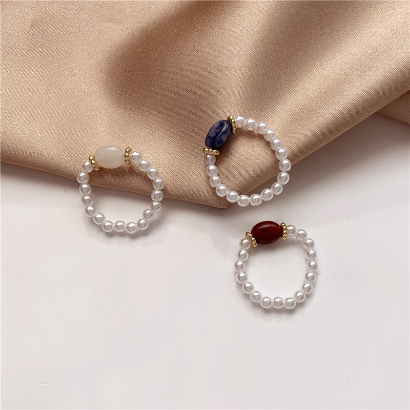 Pearl Beaded Adjustable Ring – Natural Stone Accent Band