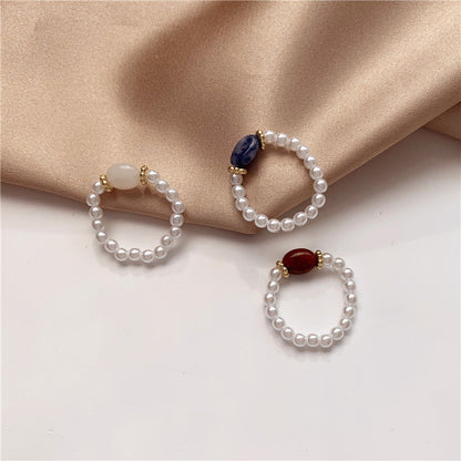 Pearl Beaded Adjustable Ring – Natural Stone Accent Band