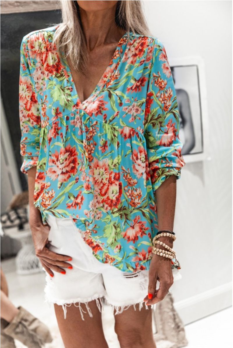 Vibrant Floral Elizabeth Ainsley Long Sleeve Blouse