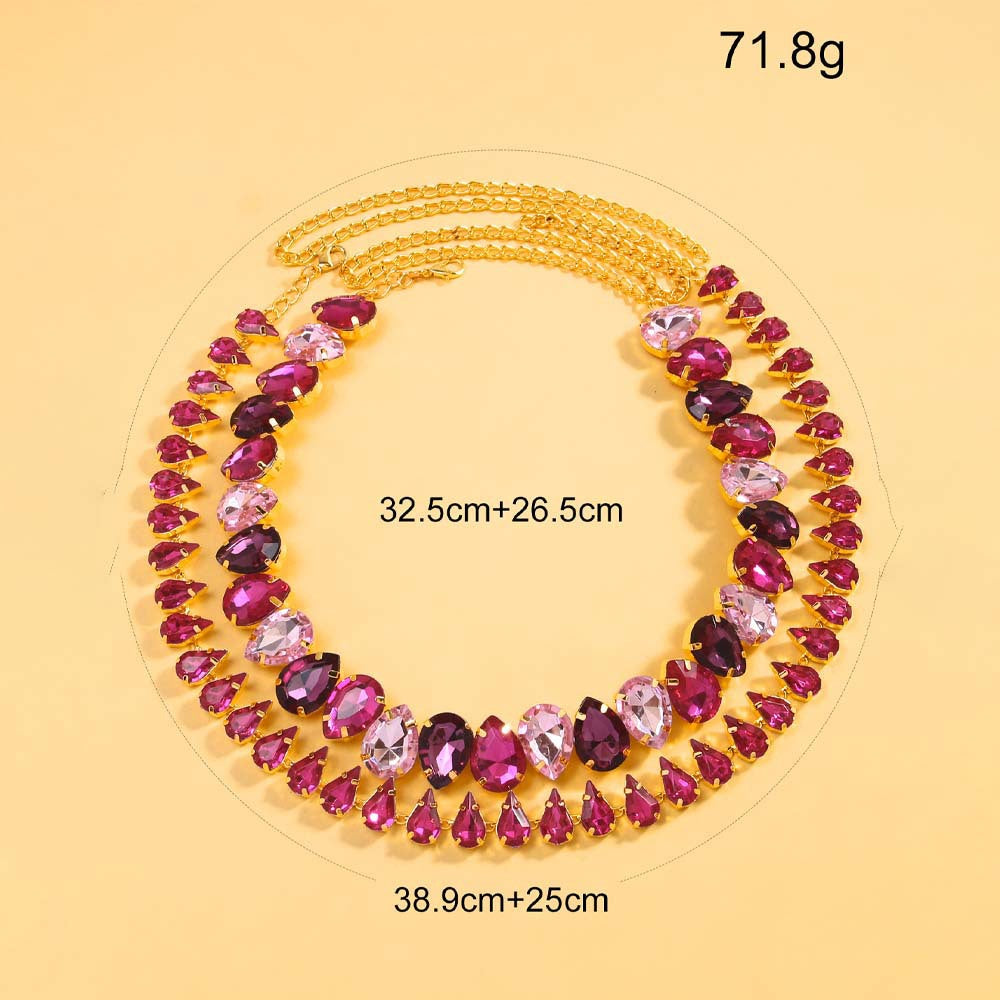 Pink Crystal Teardrop Choker Necklace – Statement Gold Chain Collar