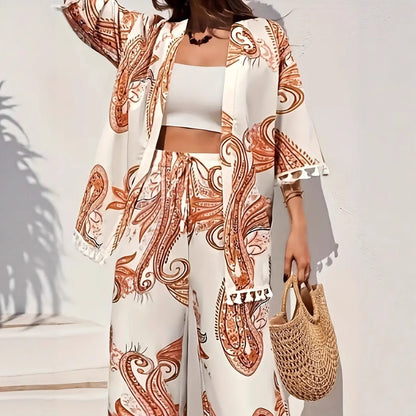 Chic Printed Elizabeth Ainsley Cardigan Pants Set