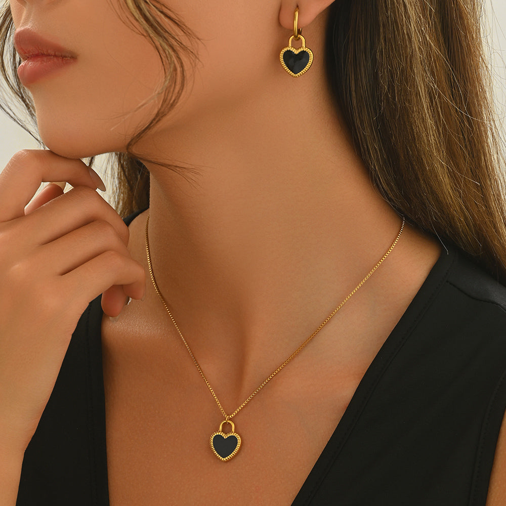 Heart Pendant Necklace & Earring Set with Classic Contrast Design