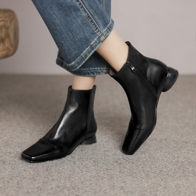 Elizabeth Ainsley Cowhide Boots - Square Toe, Side Zipper
