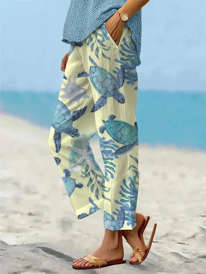 Sea Turtle Print Elizabeth Ainsley Cropped Pants
