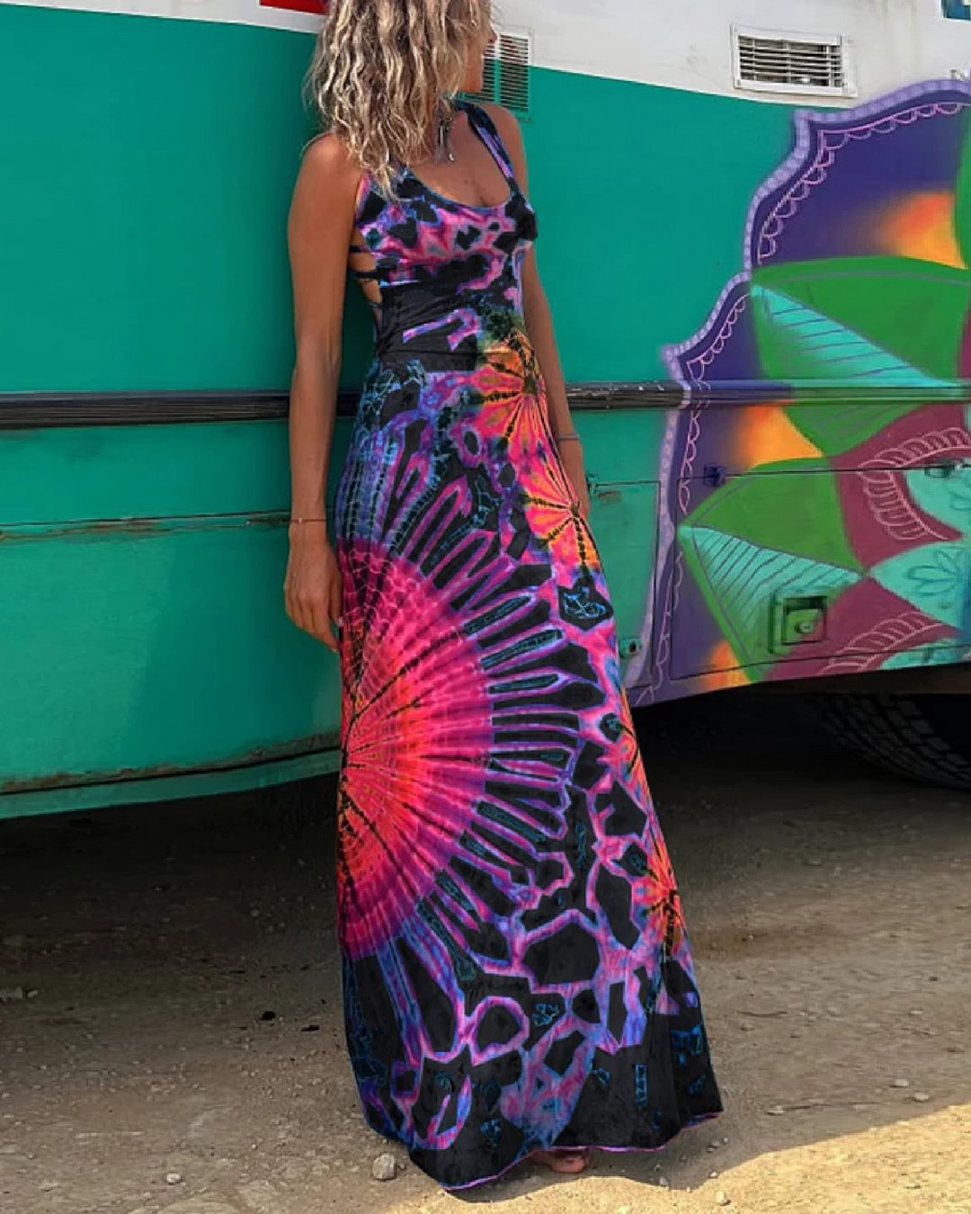 Vibrant Geometric Elizabeth Ainsley Backless Maxi Dress