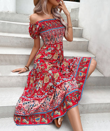 Boho Floral Elizabeth Ainsley Off-Shoulder Midi Dress
