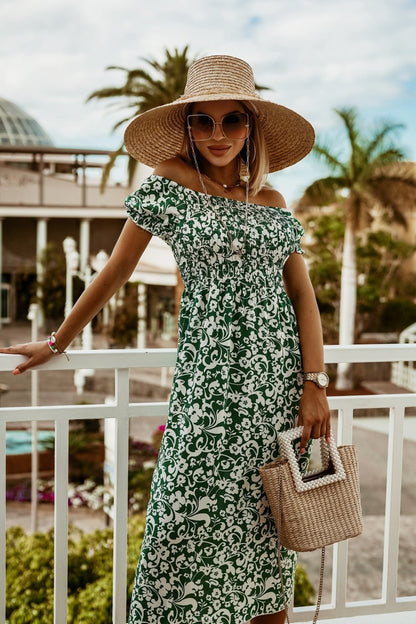 Boho Off Shoulder Elizabeth Ainsley Summer Print Dress