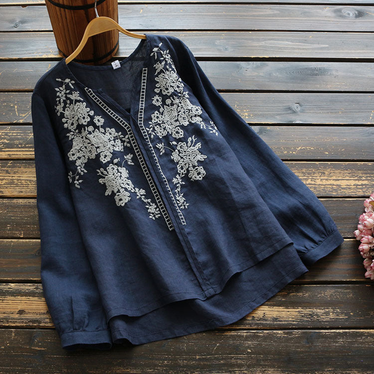 Vintage Embroidered Linen V-Neck Top by Elizabeth Ainsley
