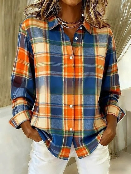 Plaid Colorblock Elizabeth Ainsley Long Sleeve Blouse