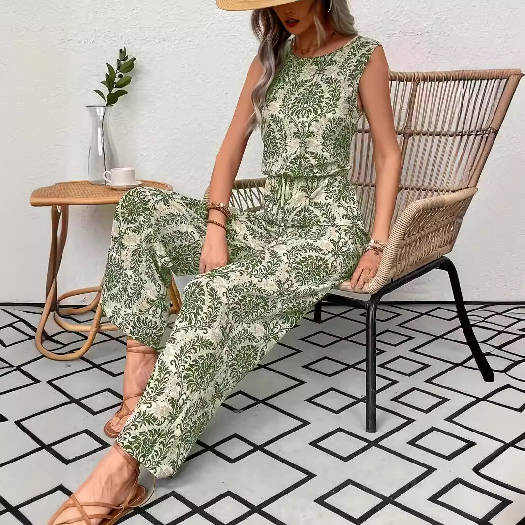 Womens Printed Sleeveless Top And Wide-Leg Pants Set