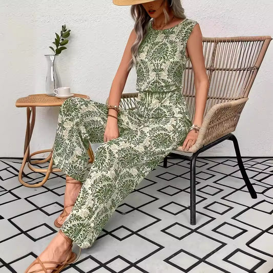 Womens Printed Sleeveless Top And Wide-Leg Pants Set