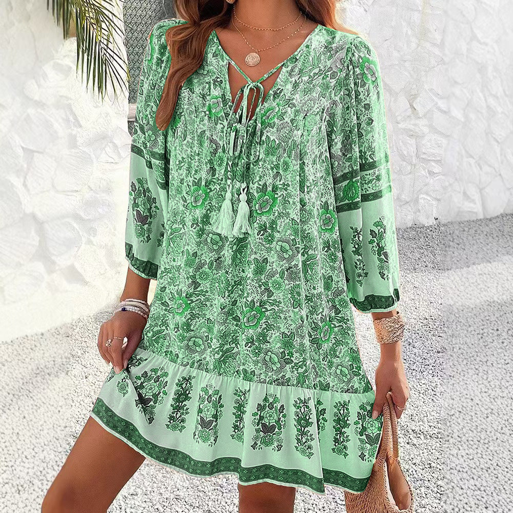 Bohemian Floral Elizabeth Ainsley V-Neck Midi Dress