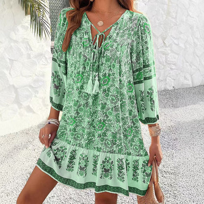 Bohemian Floral Elizabeth Ainsley V-Neck Midi Dress