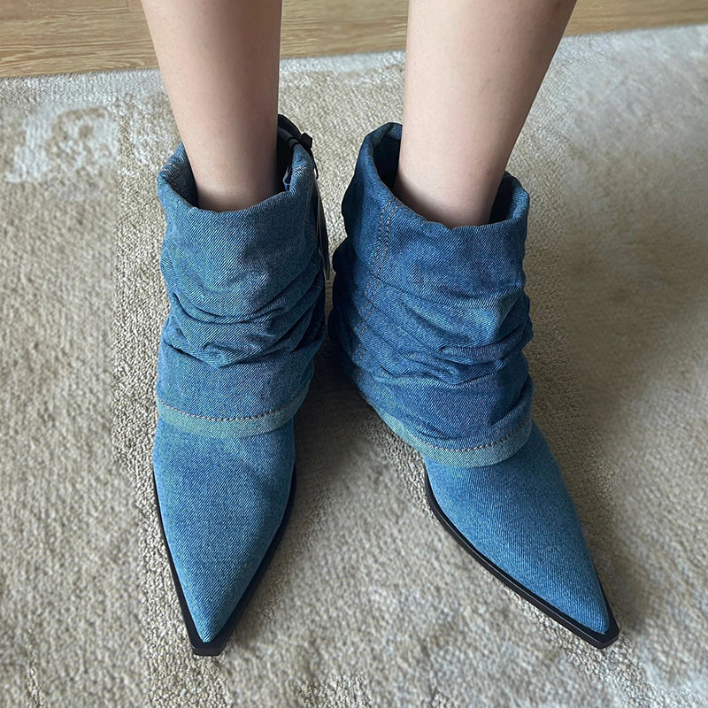 Elizabeth Ainsley Pleated Denim Boots - Thick Sole Comfort