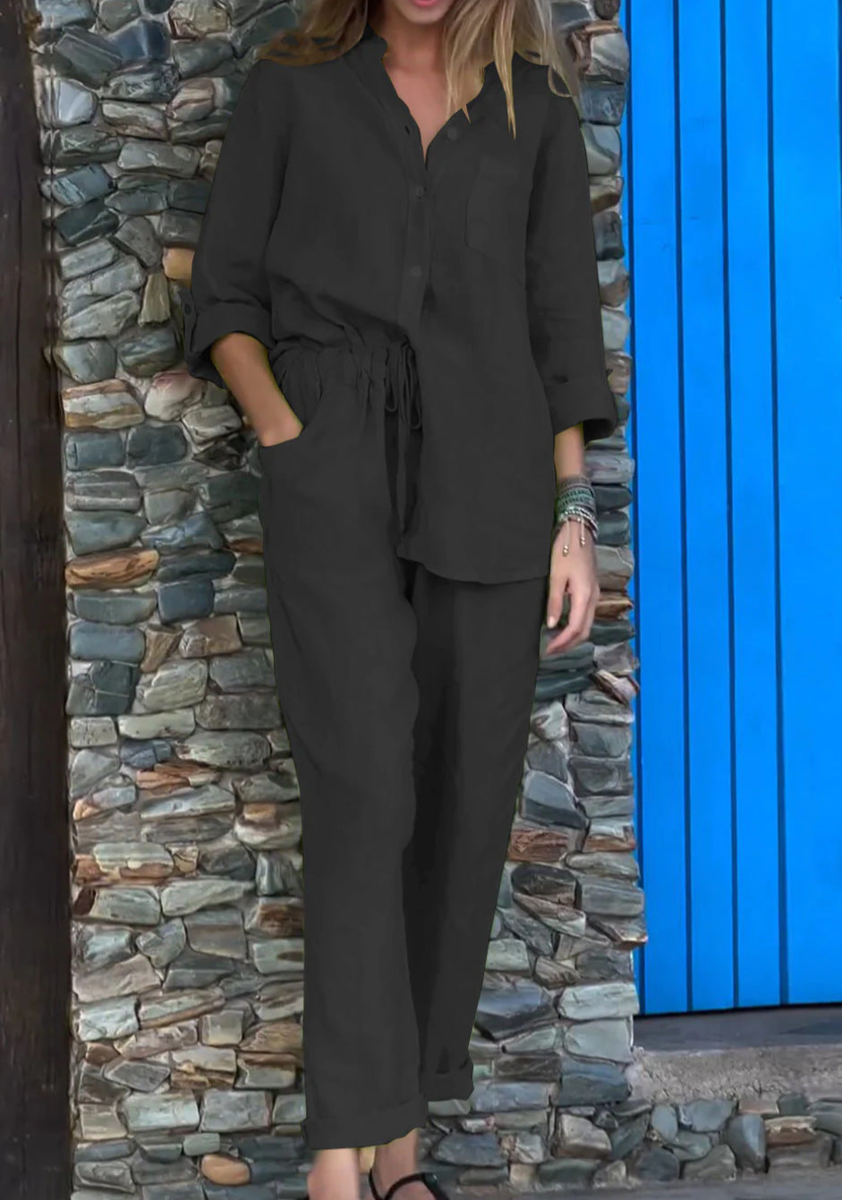Chic Cotton Linen Set Elizabeth Ainsley High Waist Trousers
