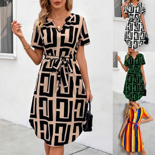 Chic Striped Elizabeth Ainsley V-Neck Midi Dress