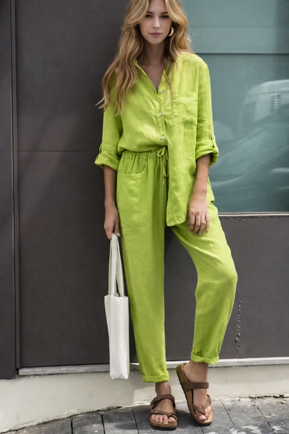 Chic Cotton Linen Set Elizabeth Ainsley High Waist Trousers