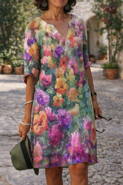 Vibrant Printed V-Neck Dress by Elizabeth Ainsley