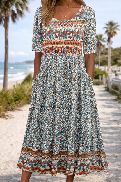 Boho Floral Elizabeth Ainsley Summer Midi Dress