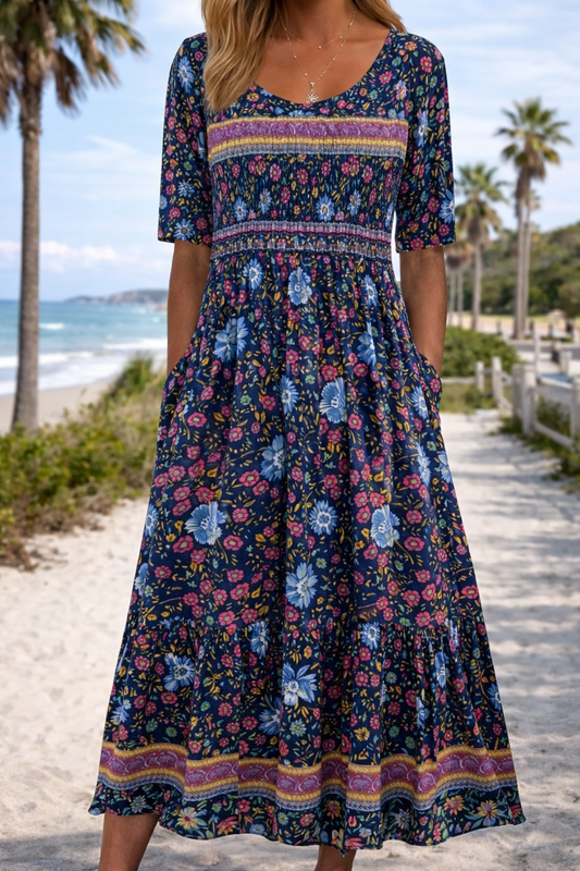Boho Floral Elizabeth Ainsley Summer Midi Dress