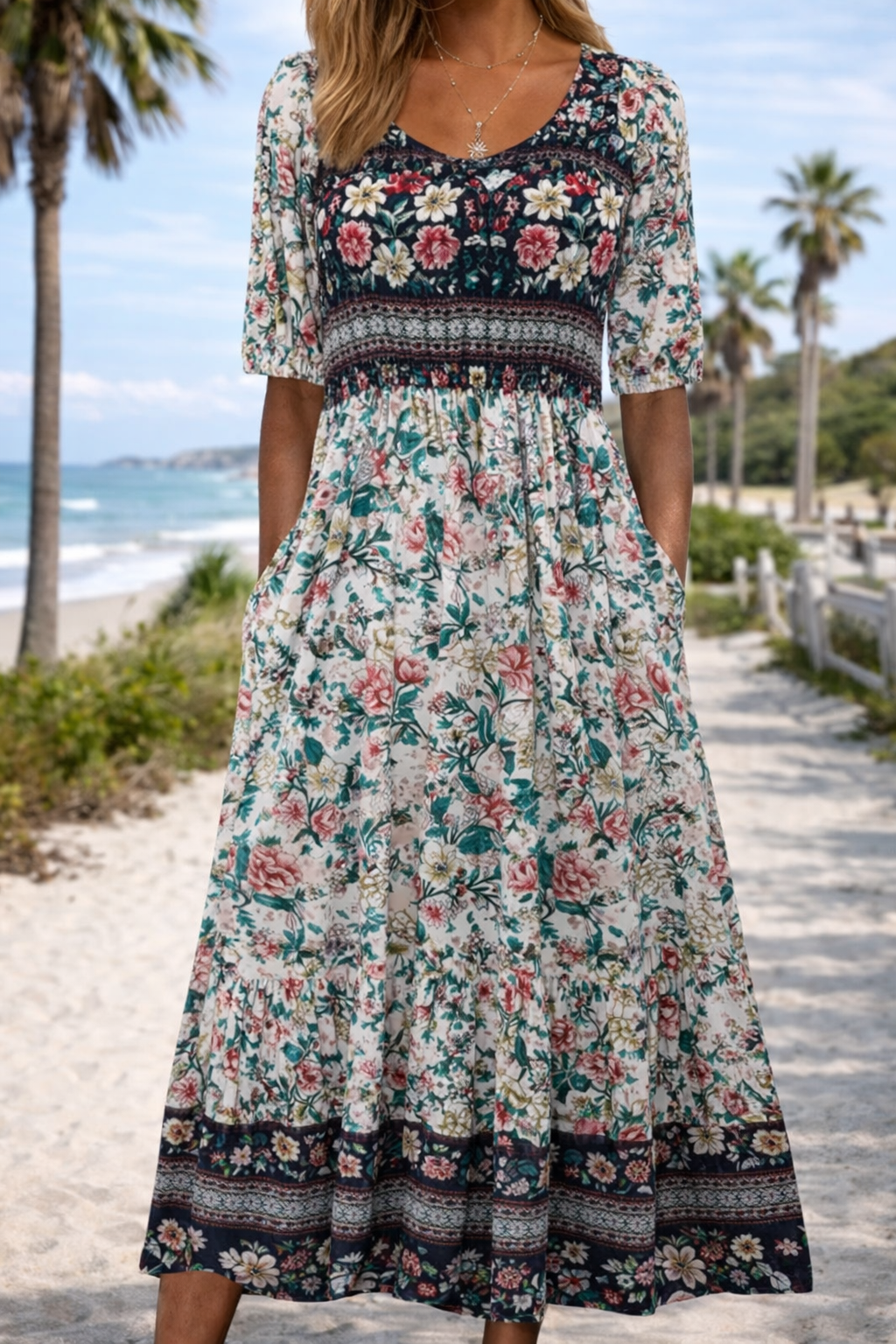 Boho Floral Elizabeth Ainsley Summer Midi Dress
