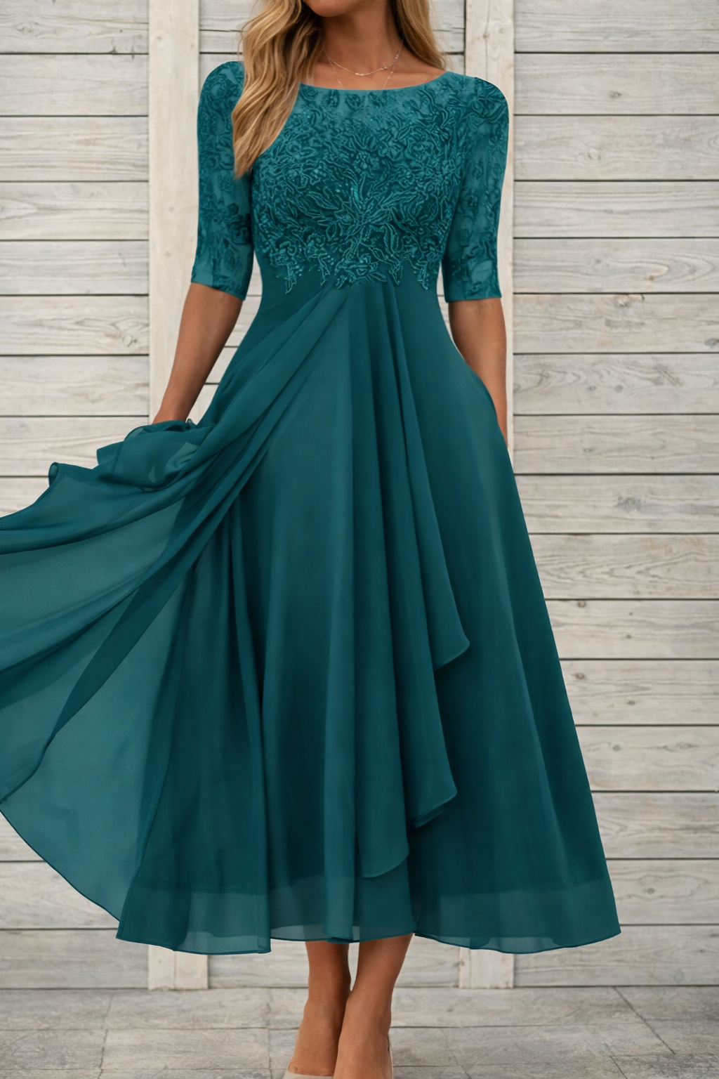 Elegant Elizabeth Ainsley Lace Midi Evening Dress