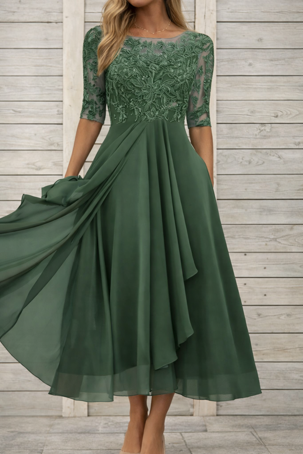 Elegant Elizabeth Ainsley Lace Midi Evening Dress