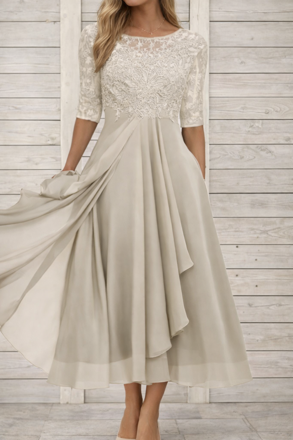 Elegant Elizabeth Ainsley Lace Midi Evening Dress