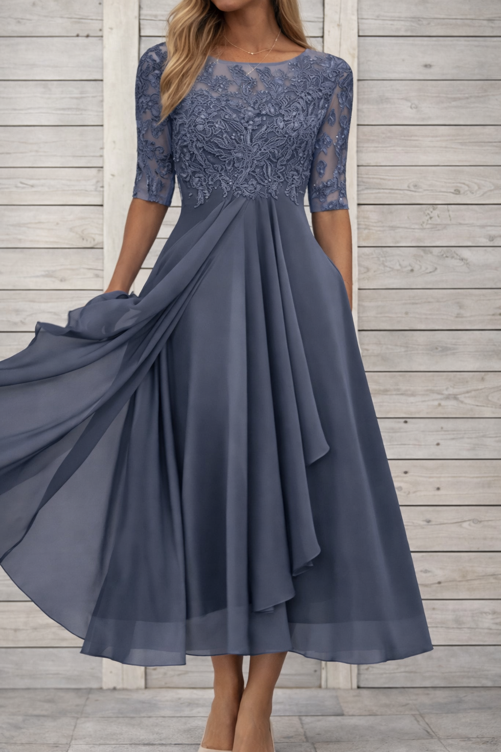 Elegant Elizabeth Ainsley Lace Midi Evening Dress