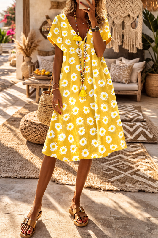 Vibrant Floral Elizabeth Ainsley Summer V-Neck Dress