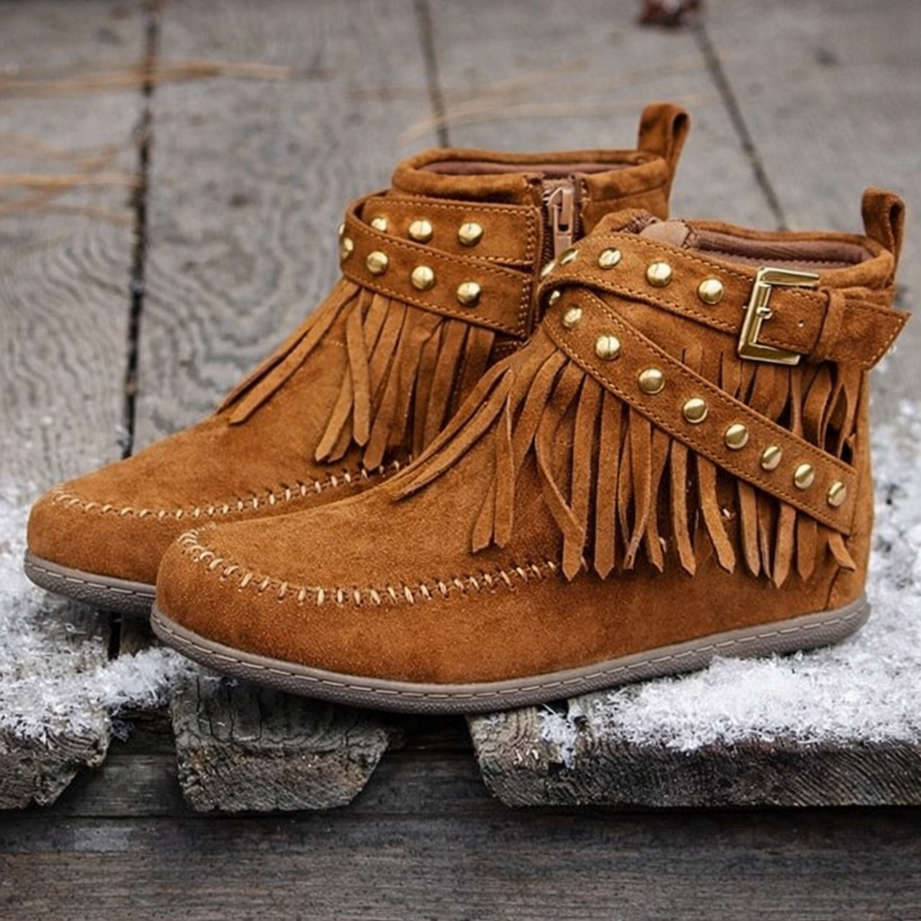 Elizabeth Ainsley Retro Flat Boots - Buckle Fringe Style