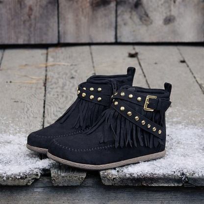 Elizabeth Ainsley Retro Flat Boots - Buckle Fringe Style