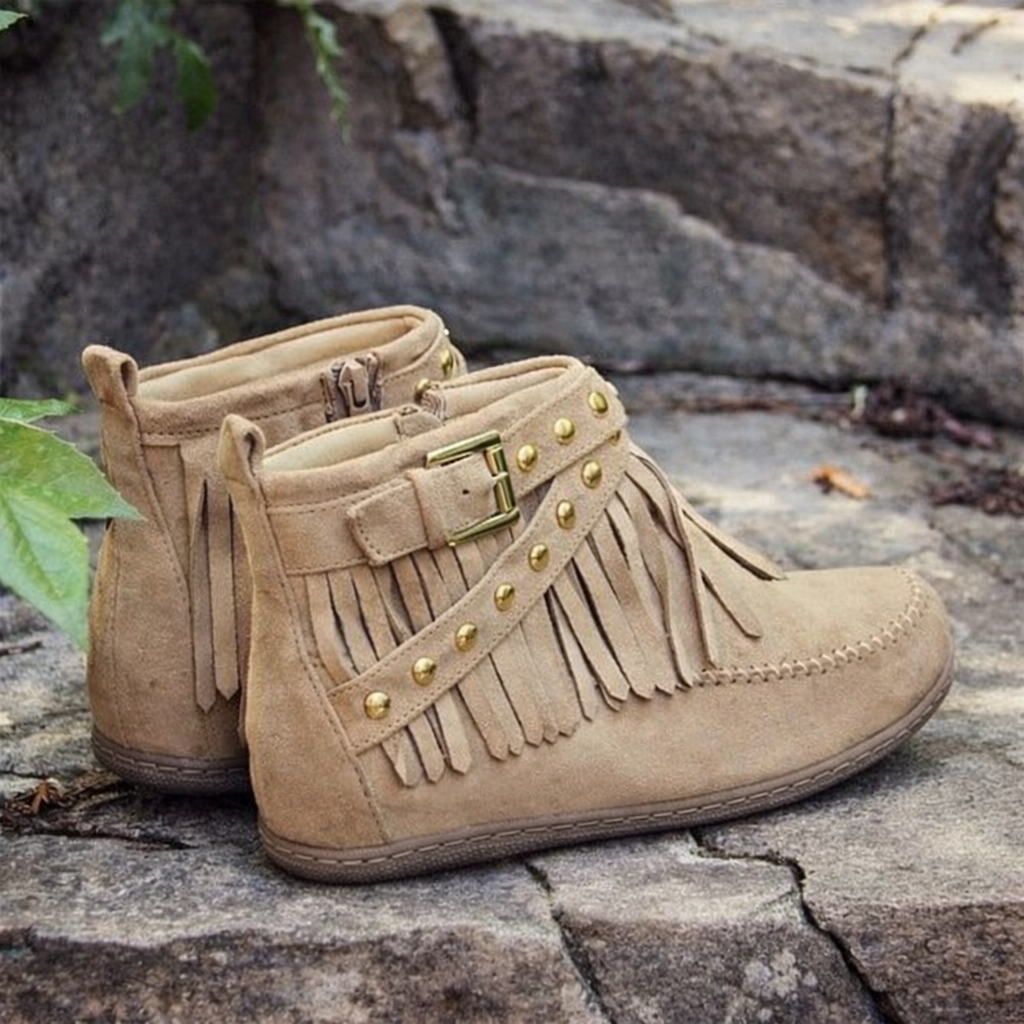 Elizabeth Ainsley Retro Flat Boots - Buckle Fringe Style