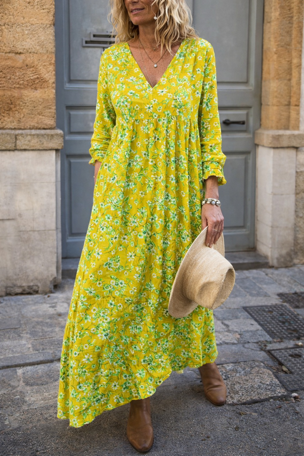 Floral V-Neck Long Dress by Elizabeth Ainsley