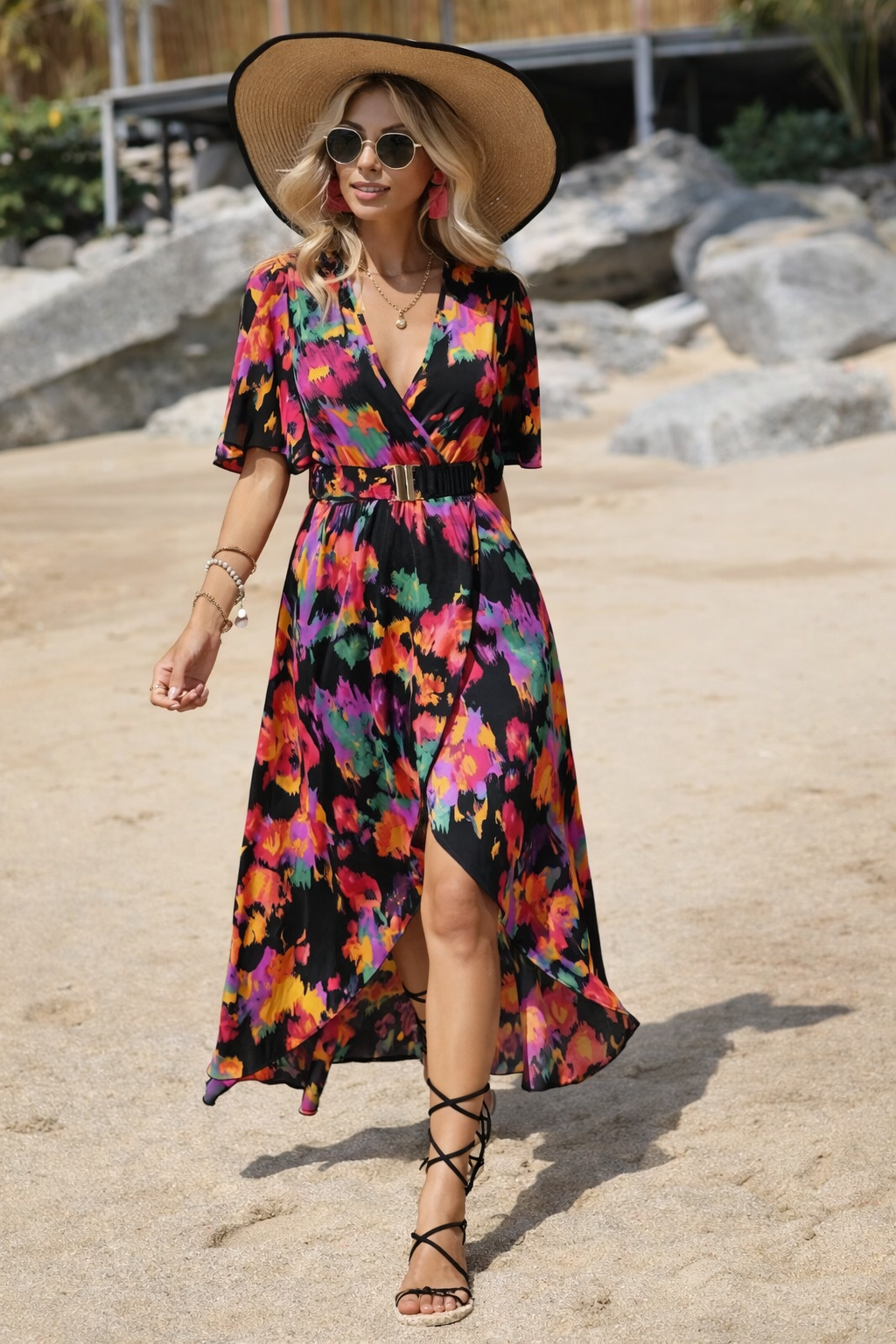 Vibrant Asymmetric V-Neck Dress by Elizabeth Ainsley