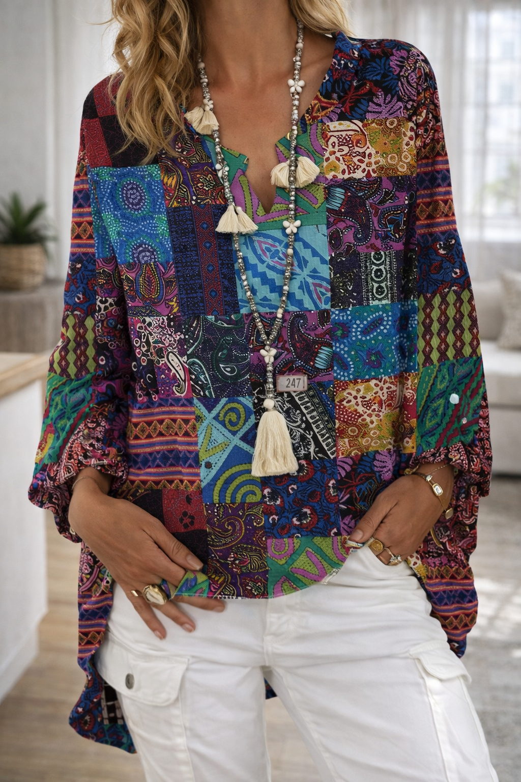 Vibrant Printed V Neck Top Elizabeth Ainsley