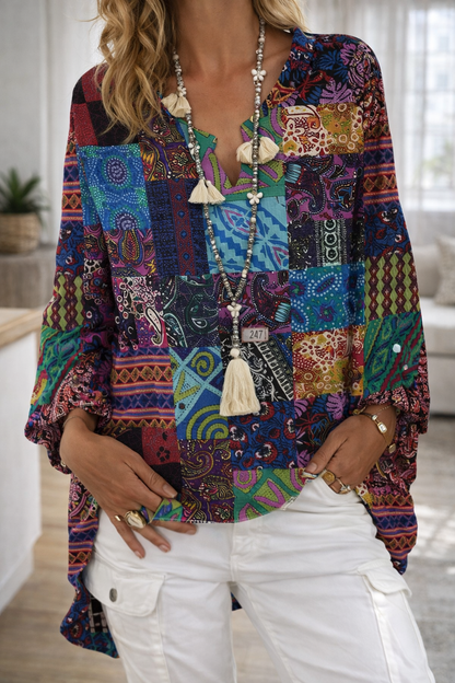 Vibrant Printed V Neck Top Elizabeth Ainsley