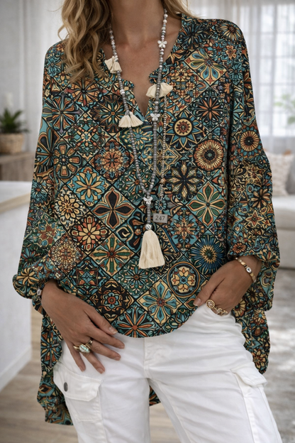Vibrant Printed V Neck Top Elizabeth Ainsley