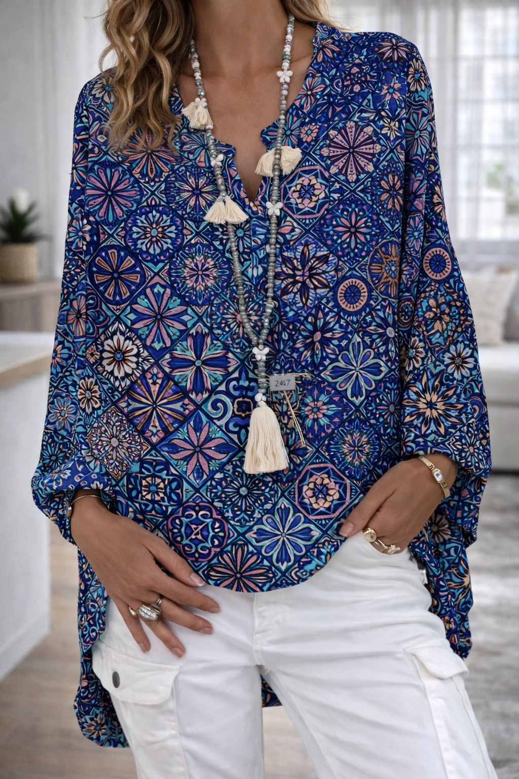 Vibrant Printed V Neck Top Elizabeth Ainsley