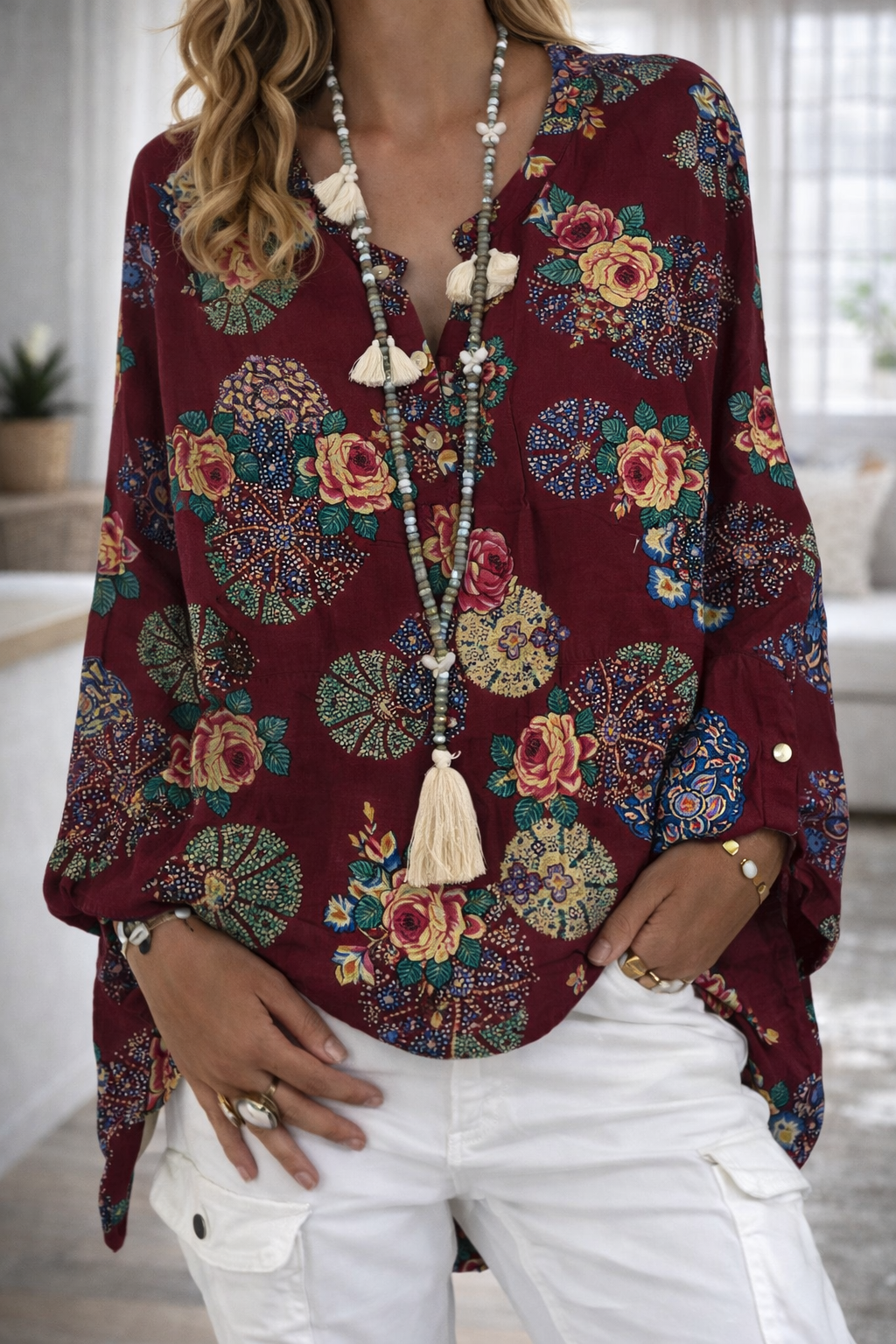 Vibrant Printed V Neck Top Elizabeth Ainsley